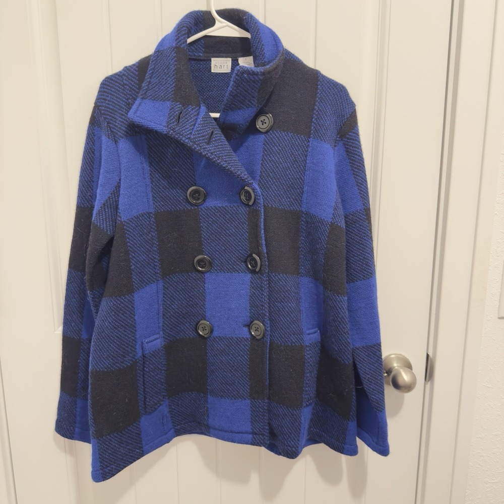 Karen Hart Women's 100% Wool Button Up Pea Coat Blue/Black Plaid Size Small